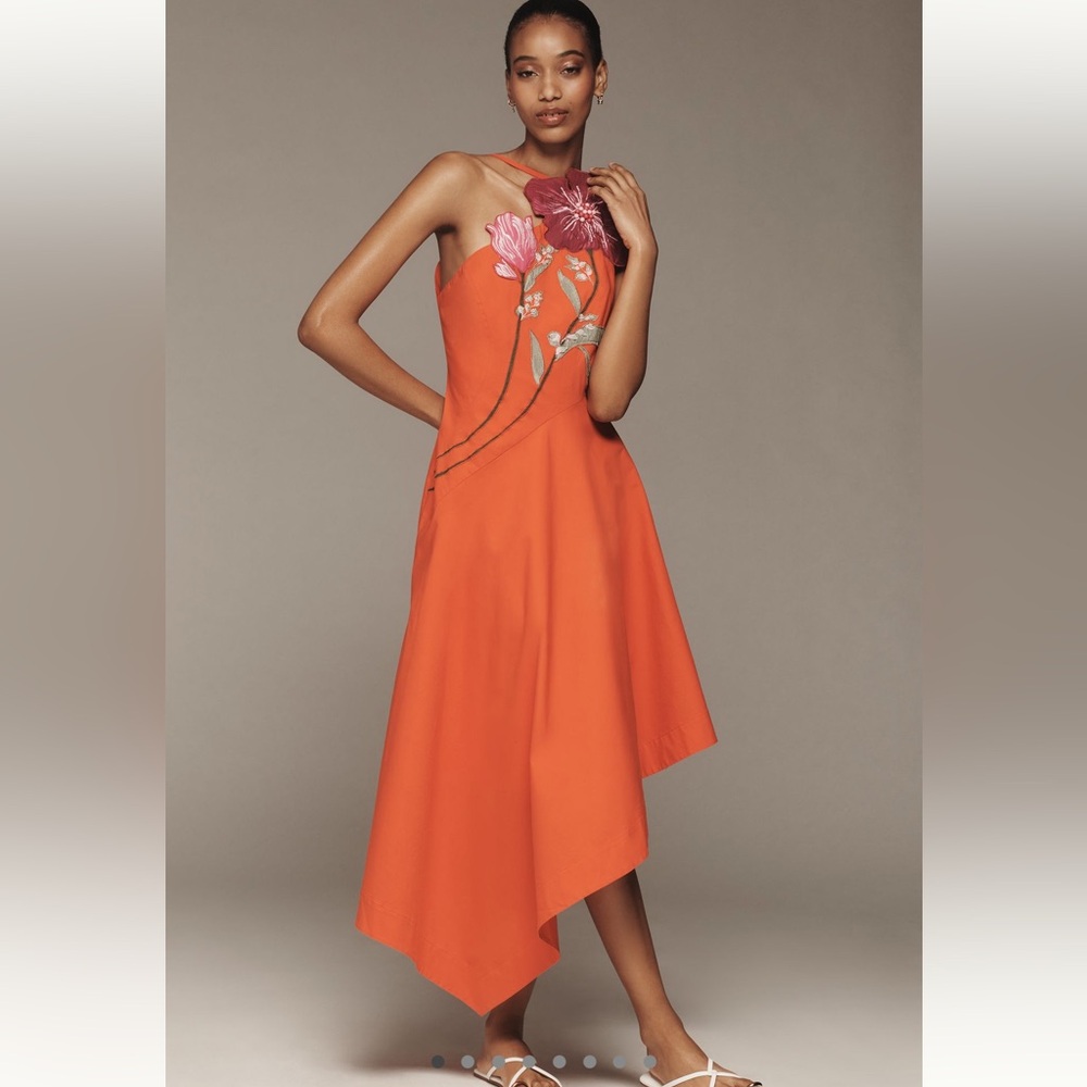 Elegant Orange Floral Embroidered Dress
